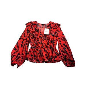 Who What Wear Red Black Floral Print Long Sleeve Peplum Ruffle Blouse Size S New